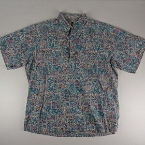 Kahala Hawaiian Shirt Size L Blue Aquatic 1/4 Button Up Vintage Made in Hawaii